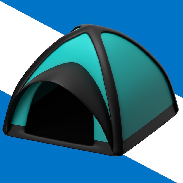 A blue and white background with a black tent with a green roof.