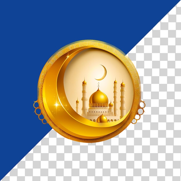 a blue and white background with a gold coin with the word mosque on it