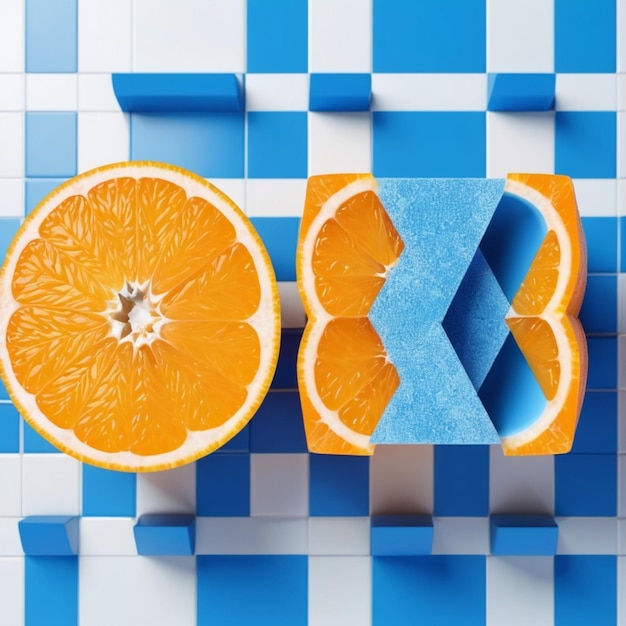 PSD a blue and white checkered table cloth with orange slices and the letters b