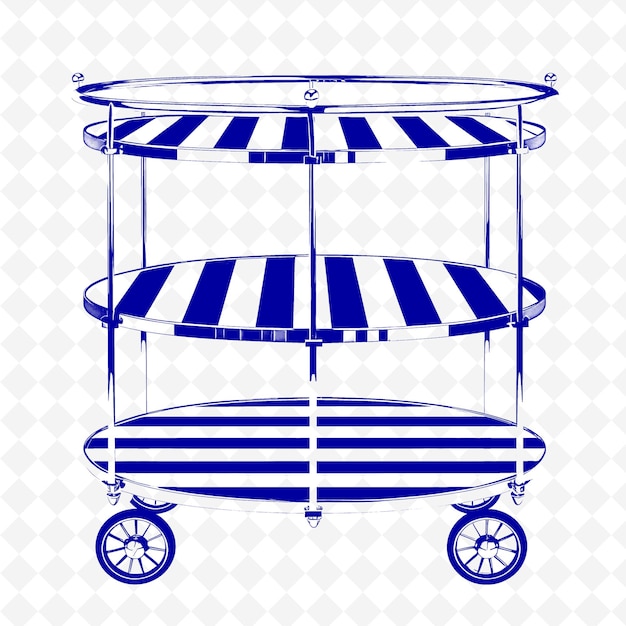 PSD a blue and white drawing of a carriage with a blue striped awning