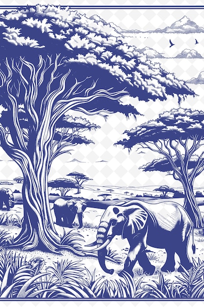 PSD a blue and white drawing of a tree with elephants and trees in the background