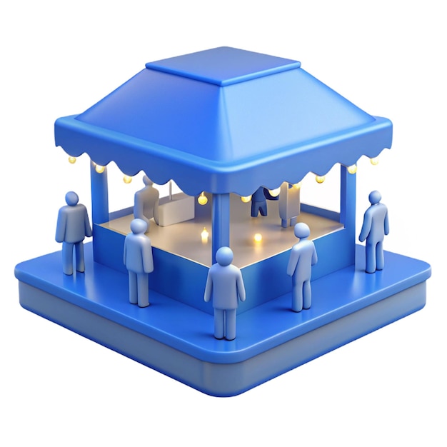 a blue and white gazebo with people under it