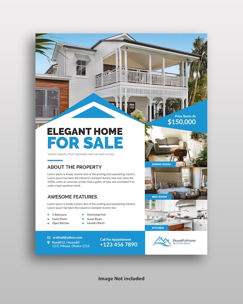 blue and white home for sale flyer template