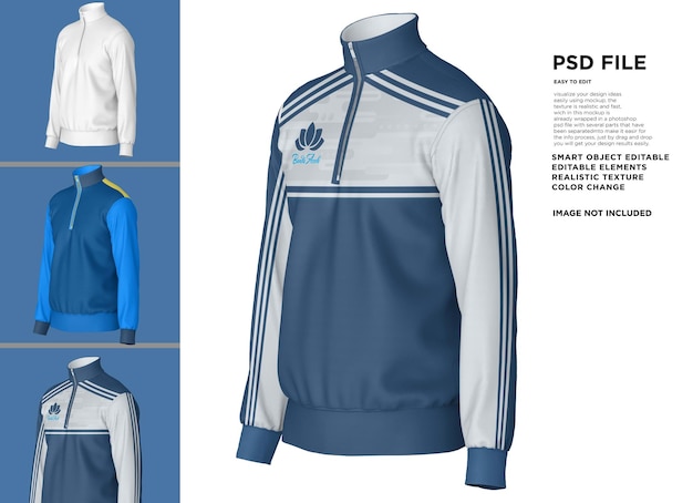 A blue and white jacket with the word psd on it