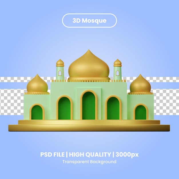 A blue and white photo of a mosque with a gold dome and a blue background.