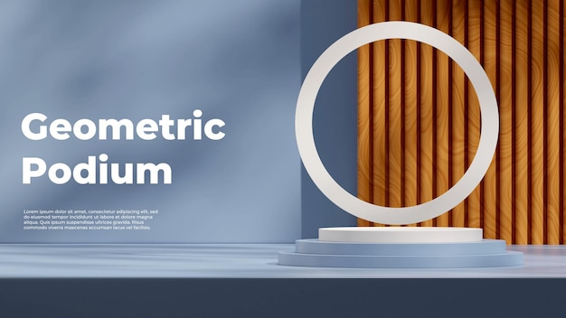 Blue and white podium with circle and wood backdrop 3d rendering template mockup in landscape