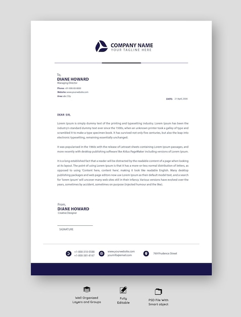 a blue and white professional letterhead