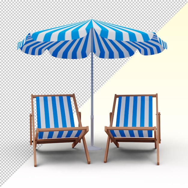 A blue and white striped beach chairs and umbrella on the beach