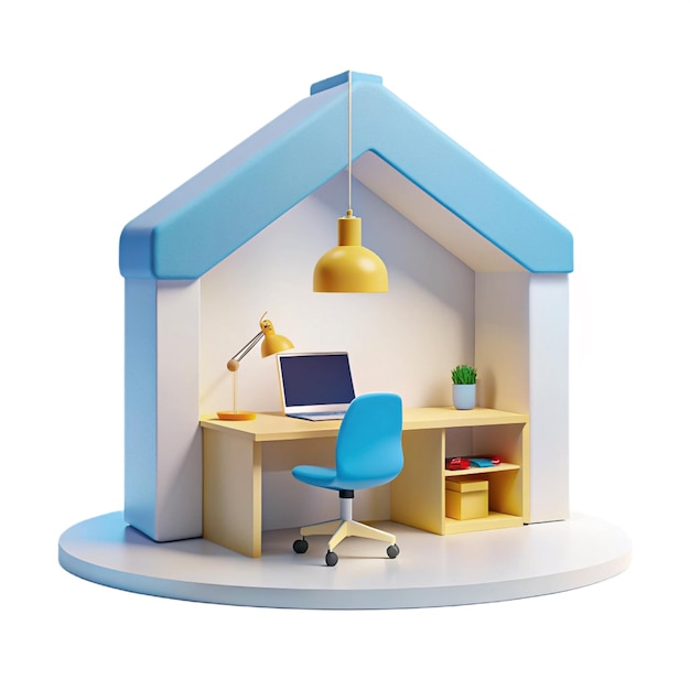 a blue and white toy house with a blue roof and a laptop on the table