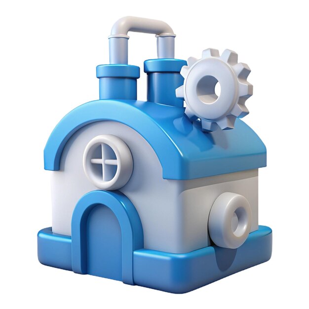 a blue and white toy train with a gear on the front