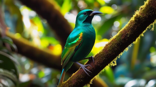 A blue and yellow bird is sitting on a branch