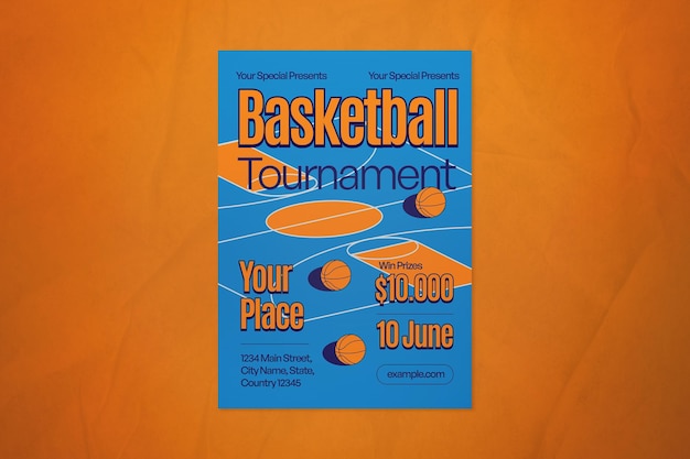 PSD blue yellow flatdesign basketball tournament flyer