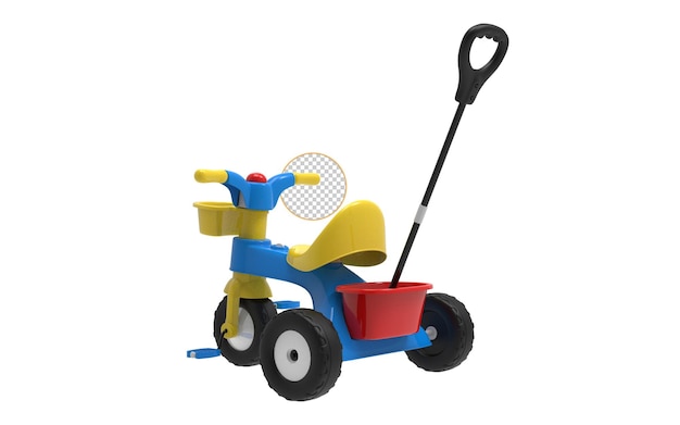 A blue and yellow tricycle with a red handle and a black handle.