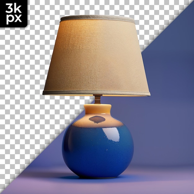 PSD a blue and yellow vase with a lamp shade that says x - p