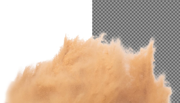 Blur Defocus image of Small Fine Sand flying explosion Golden grain wave explode blow Abstract sands cloud Yellow colored sand splash up in Air White background Isolated high speed shutter freeze