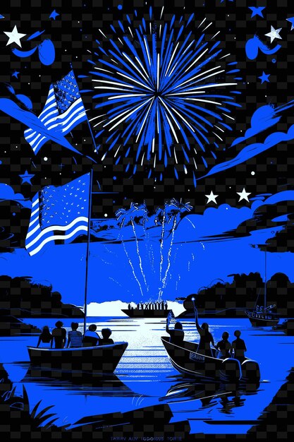 PSD boating scene with people boating and watching fireworks fro creative illustration idea designs