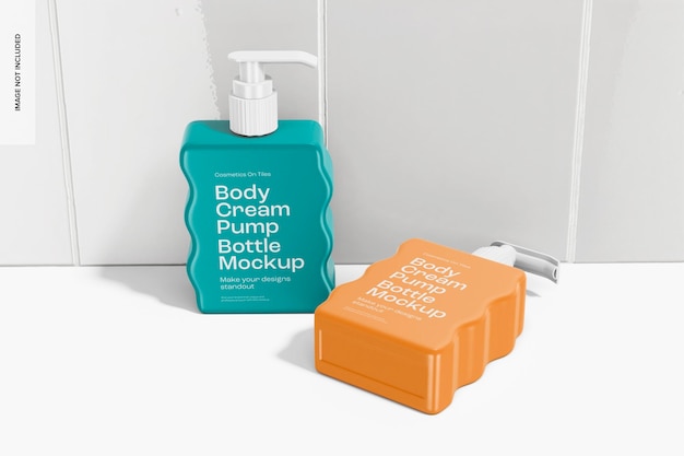 Body Cream Pump Bottles Mockup, Standing and Dropped