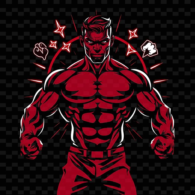 Bodybuilder in Front Pose Neon Comic Art Design With Intense Red and Black Color Theme Decorated