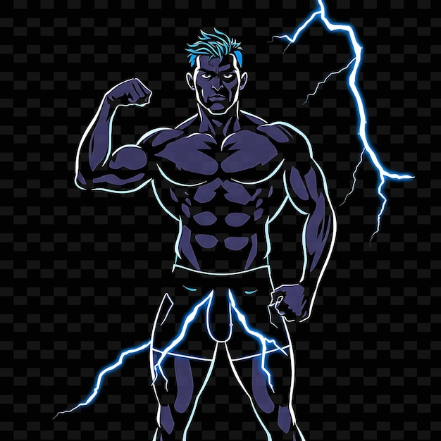 Bodybuilder Man in Trunks Neon Lightning Art Design With Bold Blue and White Theme Decorated With