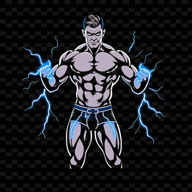 Bodybuilder Man in Trunks Neon Lightning Art Design With Bold Blue and White Theme Decorated With