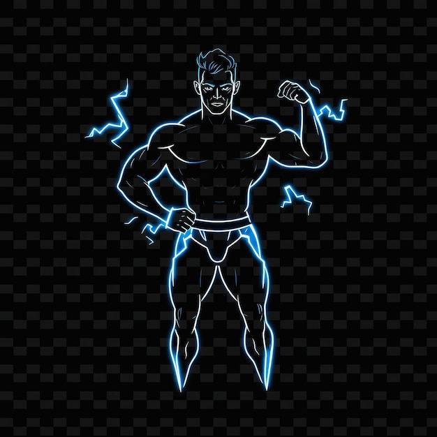 Bodybuilder Man in Trunks Neon Lightning Art Design With Bold Blue and White Theme Decorated With