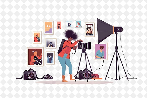 PSD bohemian photographer with characters capturing moments and png people in daily work illustration