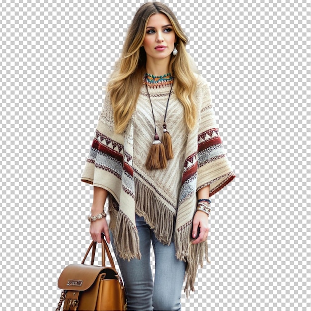 a bohemian winter look in a cozy knit poncho and e transparent background