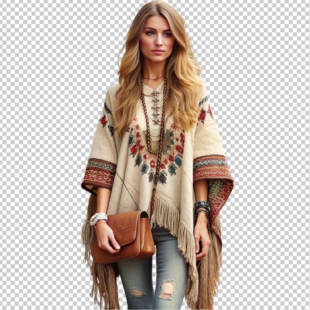 a bohemian winter look in a cozy knit poncho and e transparent background