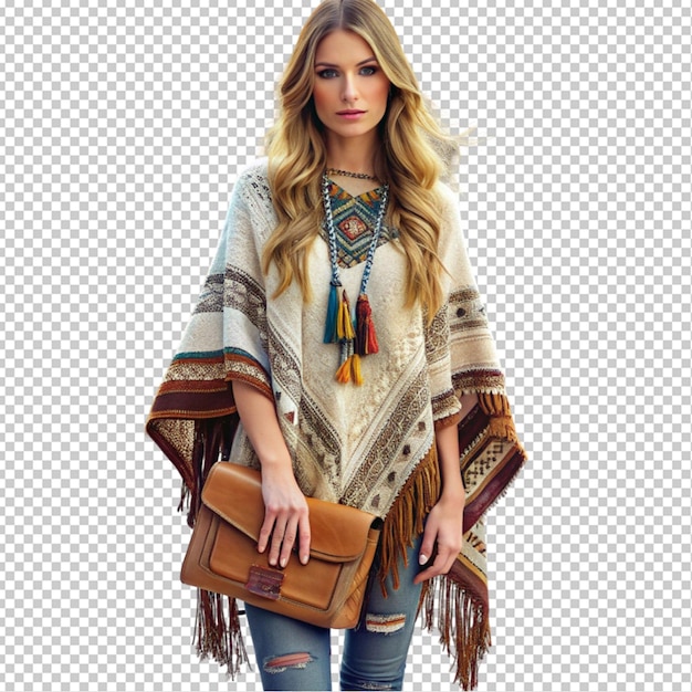 a bohemian winter look in a cozy knit poncho and e transparent background