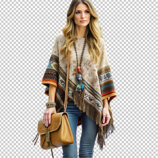 a bohemian winter look in a cozy knit poncho and e transparent background