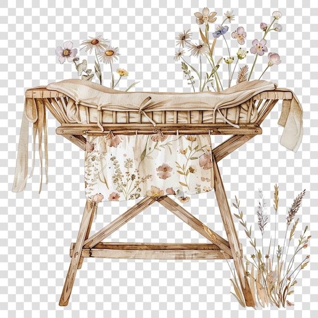 PSD boho beige with wild flowers changing table for baby watercolor nurseryon transparent background