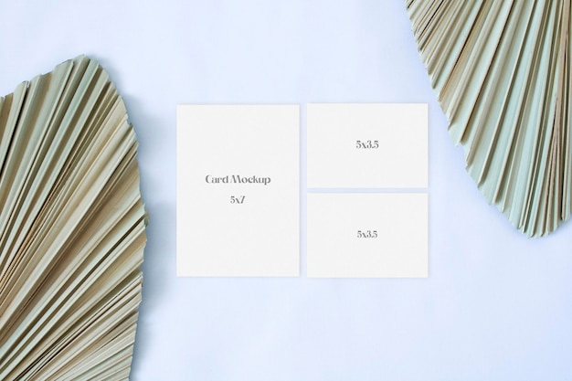 PSD boho wedding cards set mockup with leaf palm on the white background