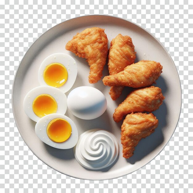 boiled egg slice and fried chicken on a plate transparent background