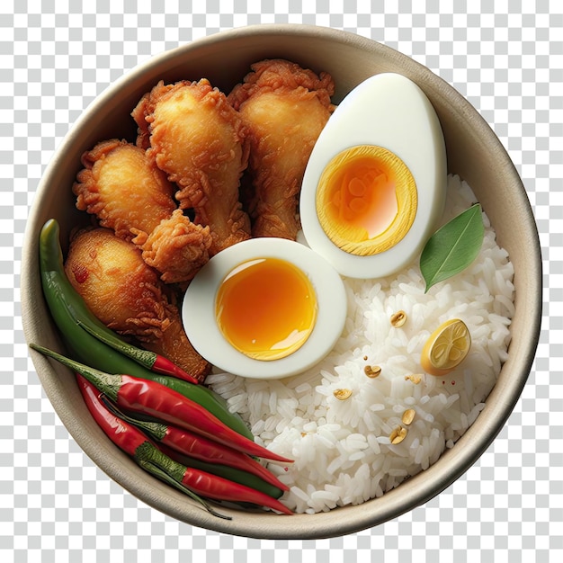 boiled egg slice and fried chicken and rice transparent background