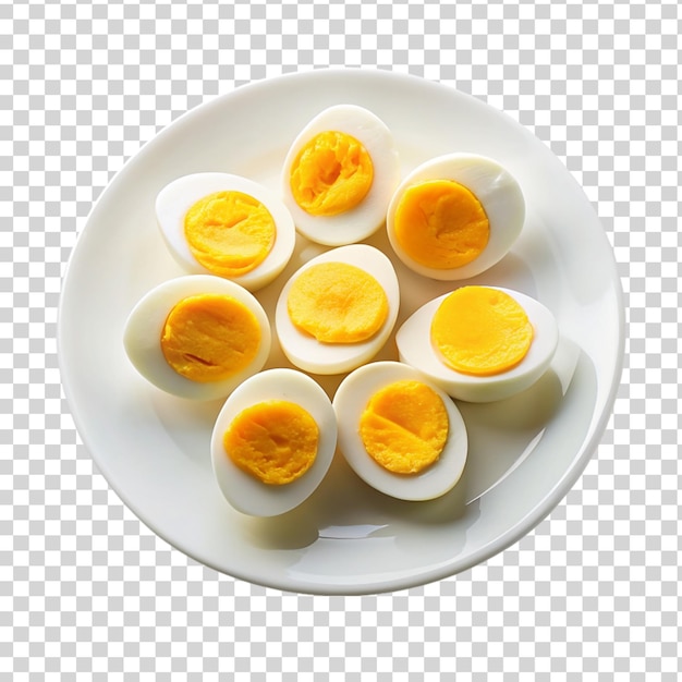 PSD boiled egg slices in white plate isolated on transparent background