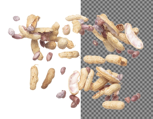 Boiled peanut fly explosion boiled peanut bean fall down pour mix inside peel off Tropical boiled peanut throw in air White background Isolated high speed shutter freeze action