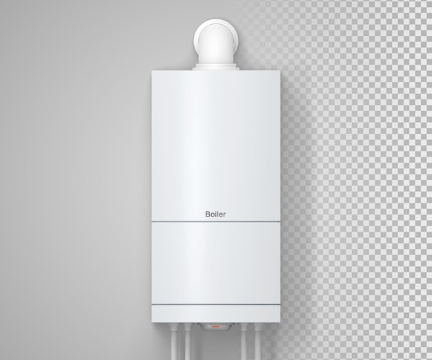 Boiler 3d render Electric gas or combi water heater with pipes on grey wall background Home bathroom appliance plumbing fixture household central heating system equipment