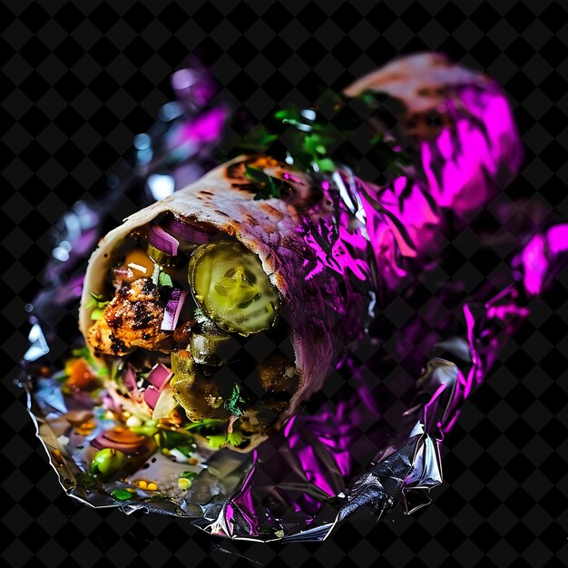 PSD bold neon strokes chicken shawarma wrap in a sleek aluminum png neon food decor y2k collection