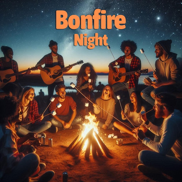 PSD bonfire night creative post template for social media with group of people