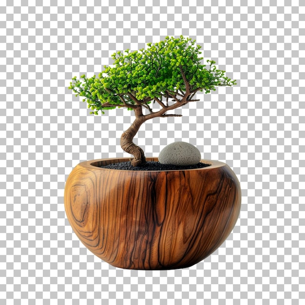 A bonsai tree in a wooden pot on a transparent background