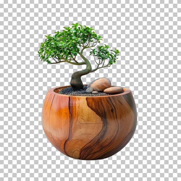 A bonsai tree in a wooden pot on a transparent background