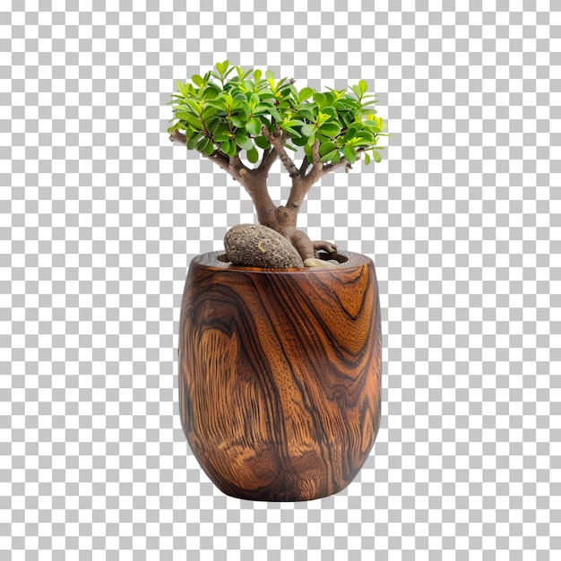 A bonsai tree in a wooden pot on a transparent background