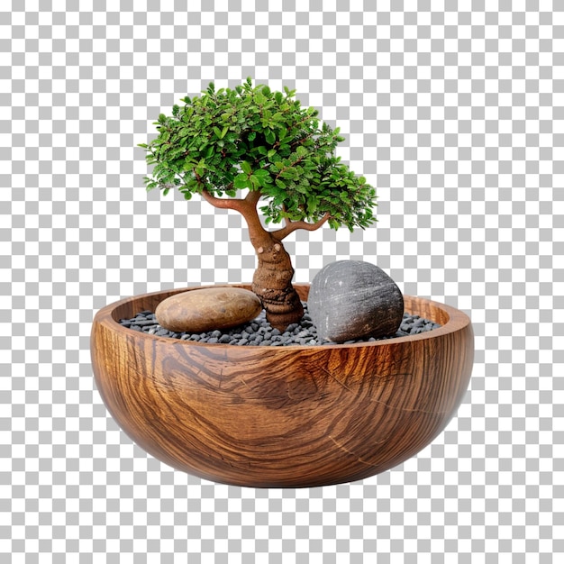 A bonsai tree in a wooden pot on a transparent background