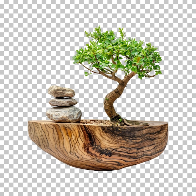 A bonsai tree in a wooden pot on a transparent background