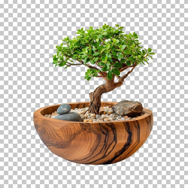 A bonsai tree in a wooden pot on a transparent background