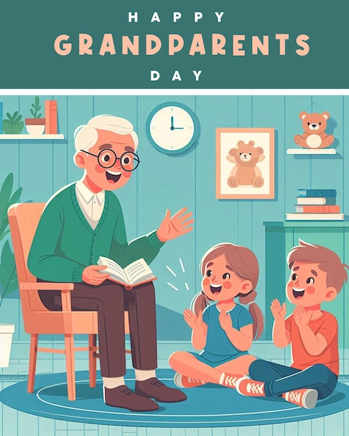 PSD a book cover for grandparents day with a man reading a story about grandparents day