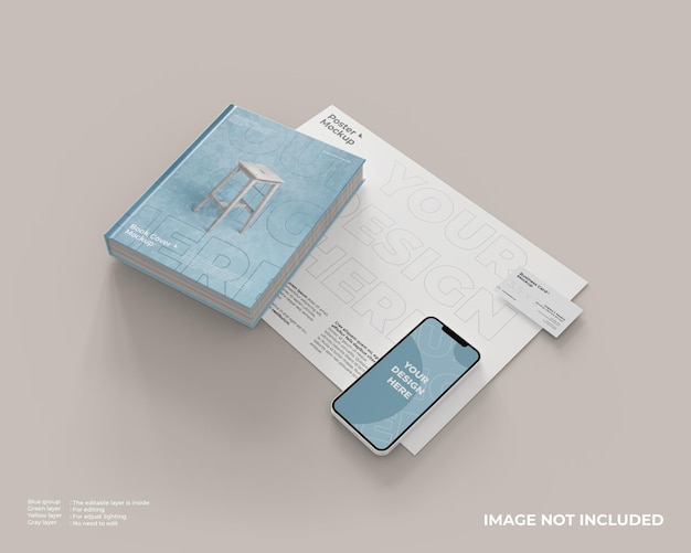 Book cover mockup, smartphones and business cards on the poster mockup