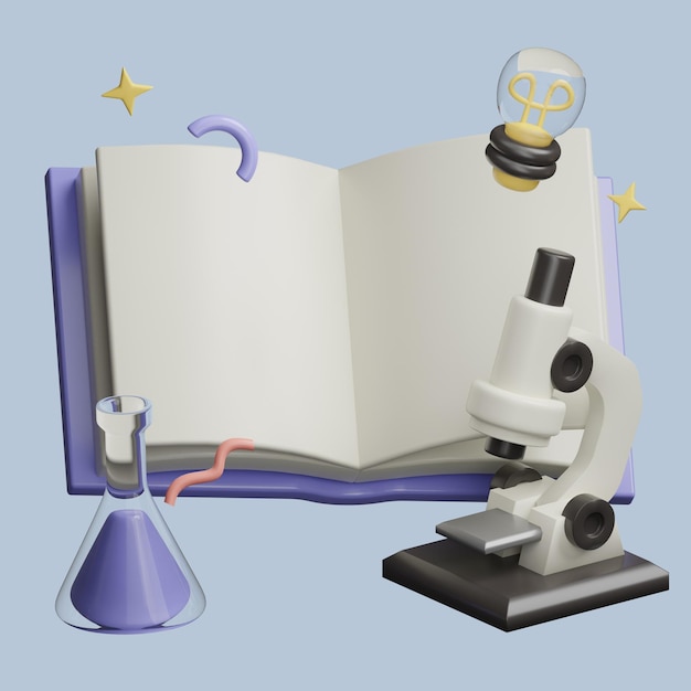 A book and a microscope are next to a book for science learning