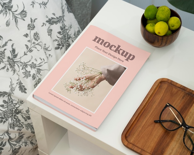 Book mockup on bedside table