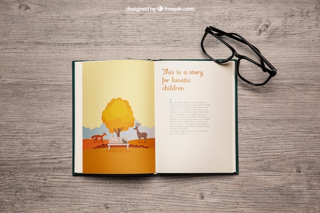 Book mockup with glasses